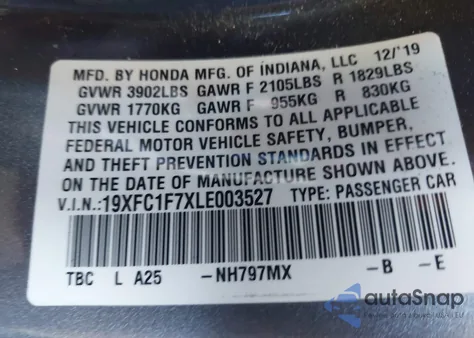 2020 Honda Civic Ex-L z USA, uszkodzony, nr VIN 19XFC1F7XLE003527